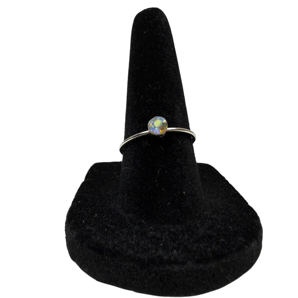 Dainty Iridescent Crystal Faceted Rhinestone Ring Silver Tone Stacking Size 7